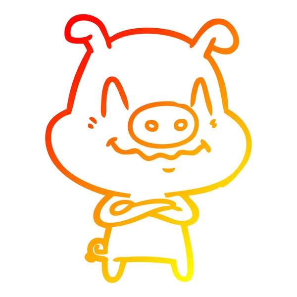 Warme kleurovergang lijntekening nerveuze cartoon varken — Stockvector