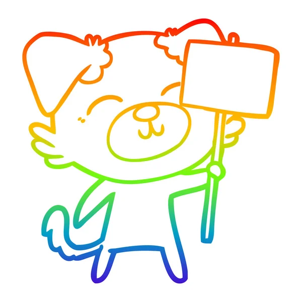 Arco iris gradiente línea dibujo de dibujos animados perro con signo de protesta — Vector de stock