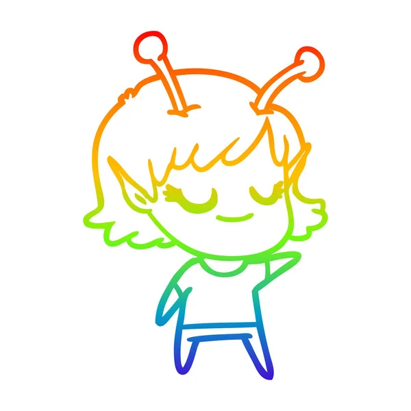 Linea gradiente arcobaleno disegno sorridente ragazza aliena cartone animato — Vettoriale Stock