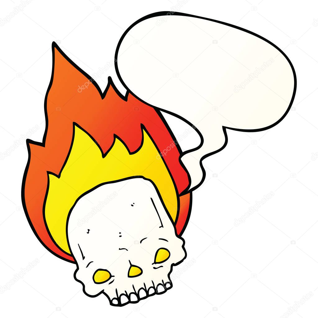 spooky cartoon flaming skull and speech bubble in smooth gradien
