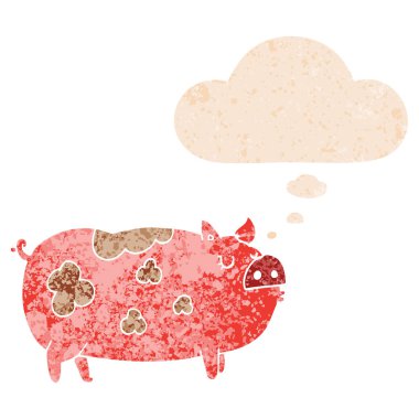 karikatür domuz ve retro dokulu tarzında düşünce balonu