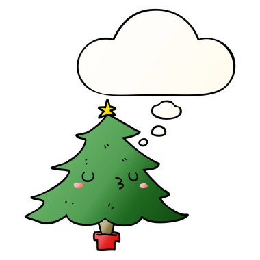 sevimli karikatür noel ağacı ve pürüzsüz gradien düşünce balonu