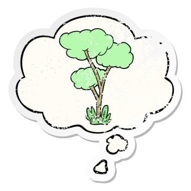 karikatür ağacı ve sıkıntılı yıpranmış etiket olarak kabarcık düşünce