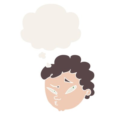 karikatür şüpheli adam ve retro tarzında kabarcık düşünce