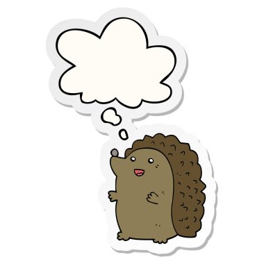 karikatür mutlu kirpi ve basılı bir etiket olarak kabarcık düşünce