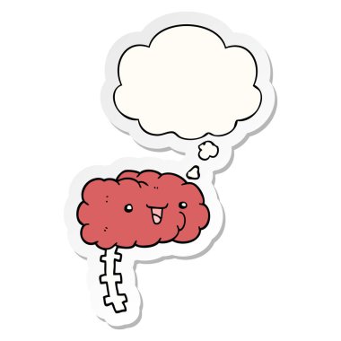 mutlu karikatür beyin ve basılı bir etiket olarak kabarcık düşünce