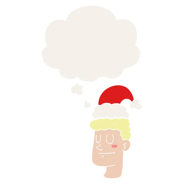 Dessin animé homme portant chapeau de Noël et bulle de pensée dans st rétro — Image vectorielle