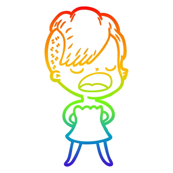 Arco-íris linha gradiente desenho cartoon legal hipster menina falando —  Vetores de Stock