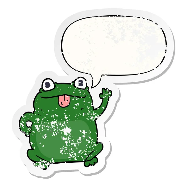 Dibujos animados rana y el habla burbuja angustiado pegatina — Archivo Imágenes Vectoriales