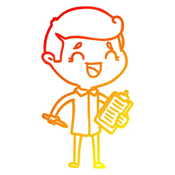 Caliente gradiente línea dibujo dibujos animados riendo hombre con clip board — Vector de stock