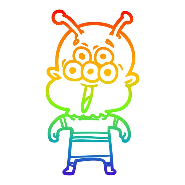Regenbogen Gradienten Linie Zeichnung glücklich Cartoon Alien — Stockvektor