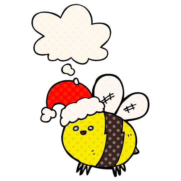 Słodki kreskówka Pszczoła ubrany Boże Narodzenie kapelusz i myśl bańka w com — Wektor stockowy