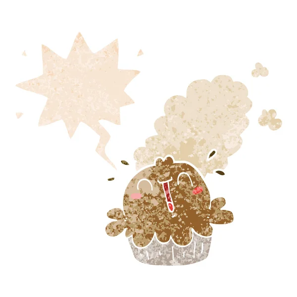 Gâteau dessin animé mignon et bulle de parole dans un style texturé rétro — Image vectorielle
