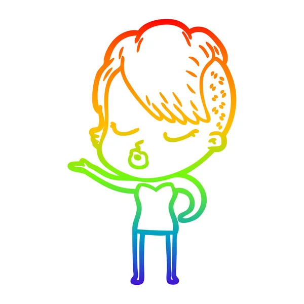 Rainbow gradien line drawing cartoon pretty hipster girl - Stok Vektor