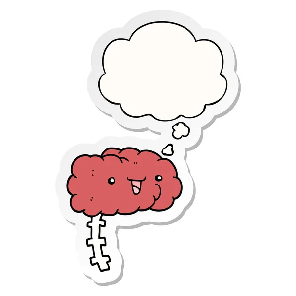 Boldog karikatúra az agy és a gondolat buborék, mint egy nyomtatott matrica — Stock Vector