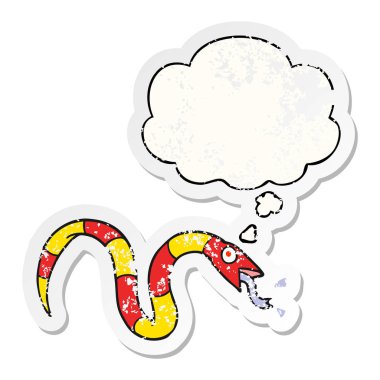 karikatür yılan ve sıkıntılı yıpranmış etiket olarak kabarcık düşünce