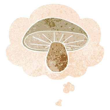 retro dokulu tarzında karikatür mantar ve düşünce balonu