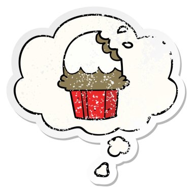 karikatür cupcake ve sıkıntılı yıpranmış etiket olarak kabarcık düşünce