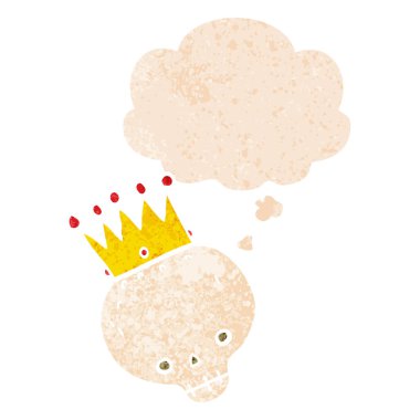 retro dokulu st taç ve düşünce balonu ile karikatür kafatası