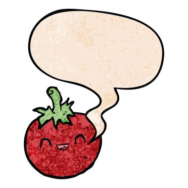 retro doku tarzında sevimli karikatür domates ve konuşma balonu