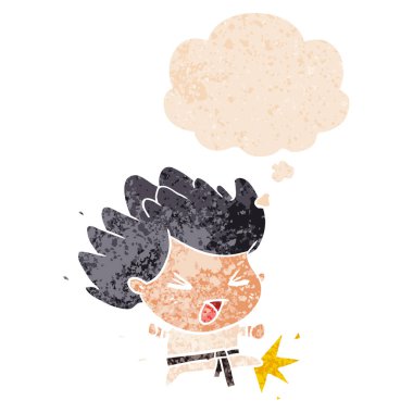 karikatür tekme karate şampiyonu ve retro doku kabarcık düşünce