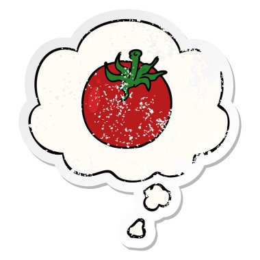 karikatür domates ve sıkıntılı yıpranmış etiket olarak kabarcık düşünce