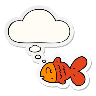 karikatür balık ve baskılı bir etiket olarak kabarcık düşünce