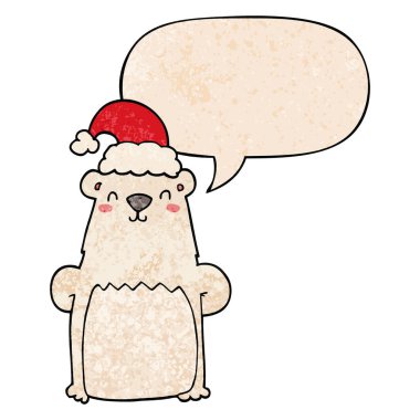 retro te noel şapkası ve konuşma balonu giyen karikatür ayı