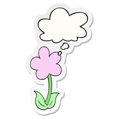 sevimli karikatür çiçek ve baskılı bir etiket olarak kabarcık düşünce