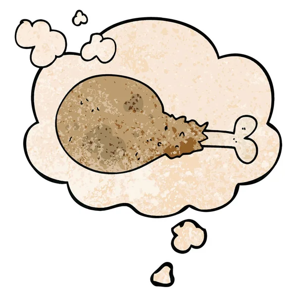 Caricatura cocinado pierna de pollo y burbuja de pensamiento en textura grunge — Archivo Imágenes Vectoriales