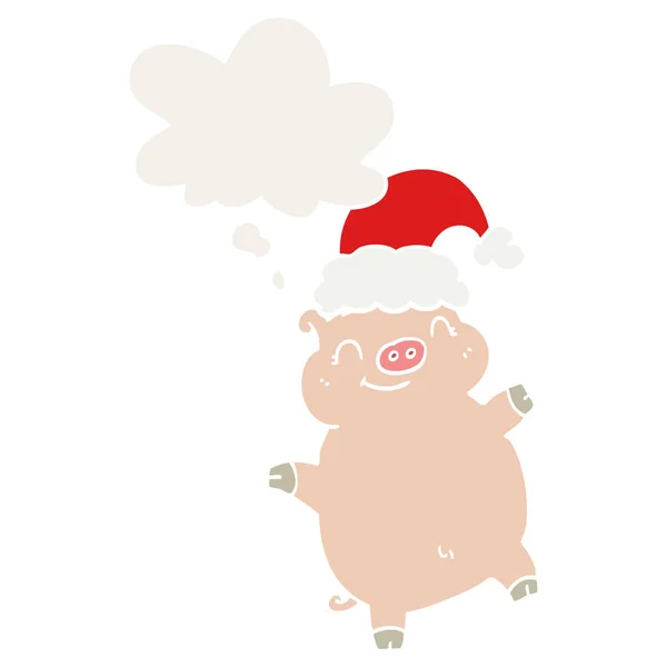 Cartoon happy christmas pig and thought bubble in retro style — Stock Vector