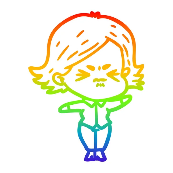 Rainbow gradient linje ritning tecknad arg flicka — Stock vektor