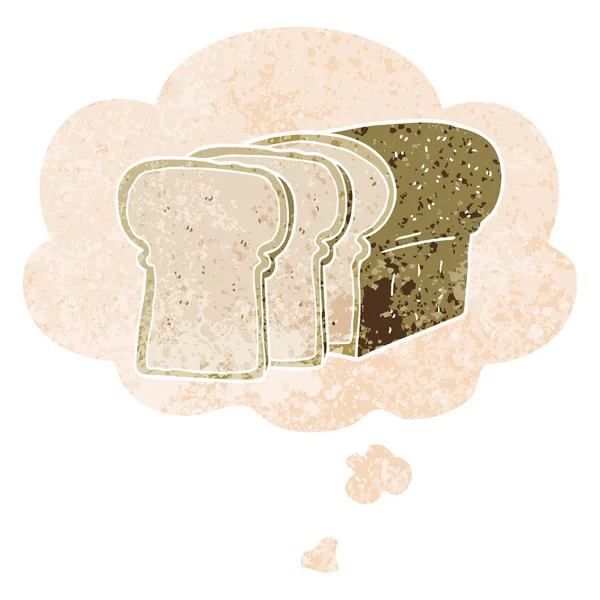 Cartoon pão fatiado e bolha de pensamento em estilo retro texturizado — Vetor de Stock