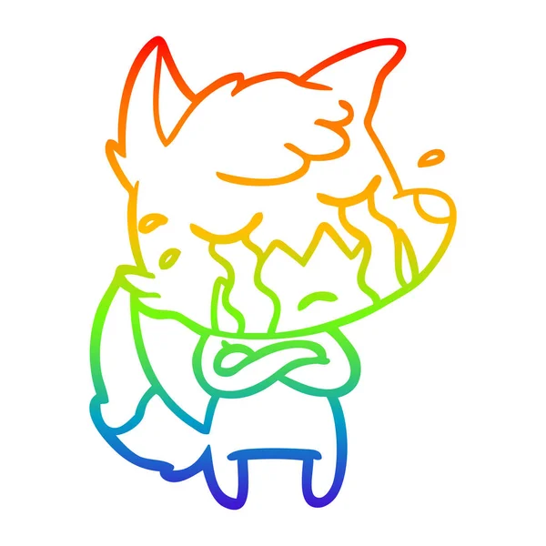 Rainbow gradient line drawing crying fox cartoon — Stock Vector