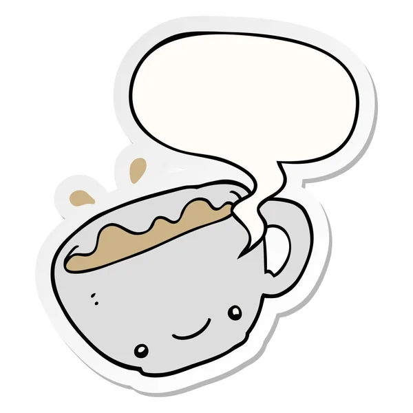 Desenho animado xícara de café e fala bolha adesivo — Vetor de Stock