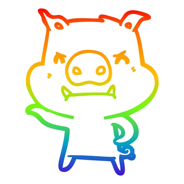 Rainbow gradient ligne dessin en colère dessin animé cochon — Image vectorielle