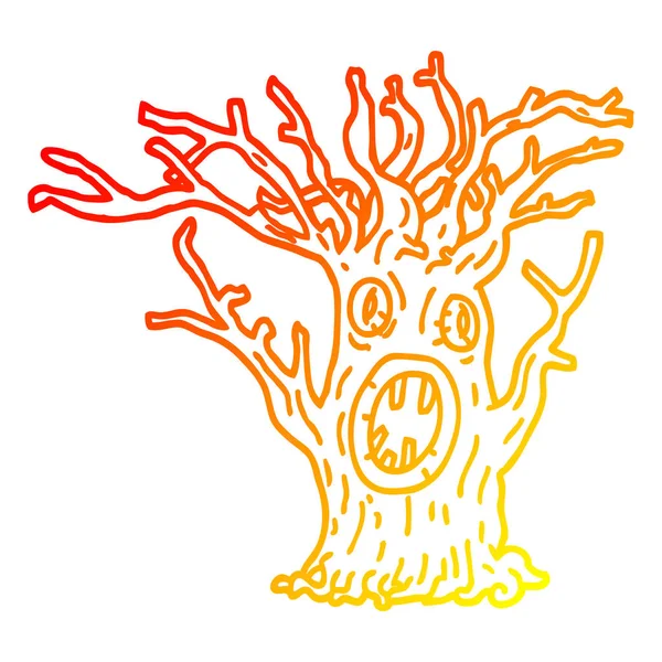Línea de gradiente caliente dibujo dibujos animados árbol espeluznante — Vector de stock