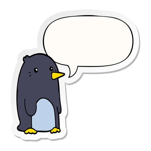 Karikatür penguen ve konuşma kabarcık etiket — Stok Vektör