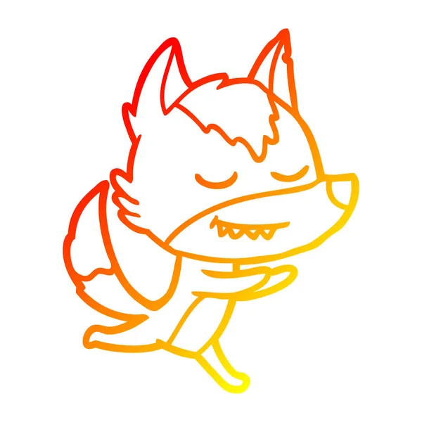 Línea de gradiente caliente dibujo de dibujos animados amistoso lobo corriendo — Vector de stock