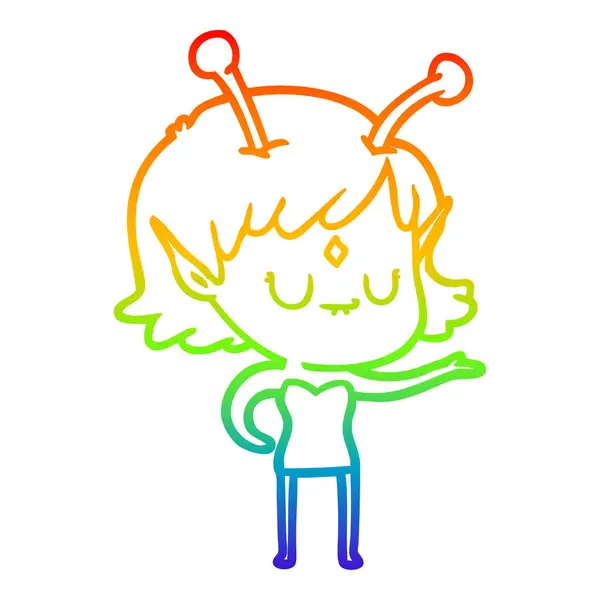 Arco iris gradiente línea dibujo dibujos animados chica alienígena — Vector de stock