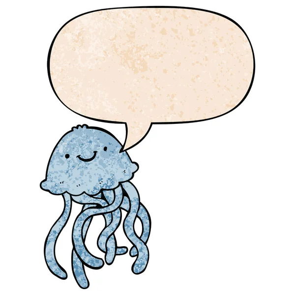 Cartoon szczęśliwy Jellyfish i bańka mowy w stylu retro tekstury — Wektor stockowy