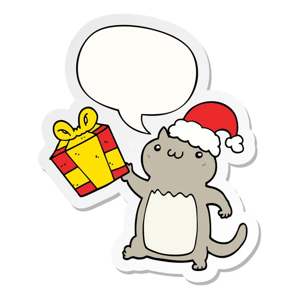 Leuke cartoon kerst kat en toespraak bubble sticker — Stockvector