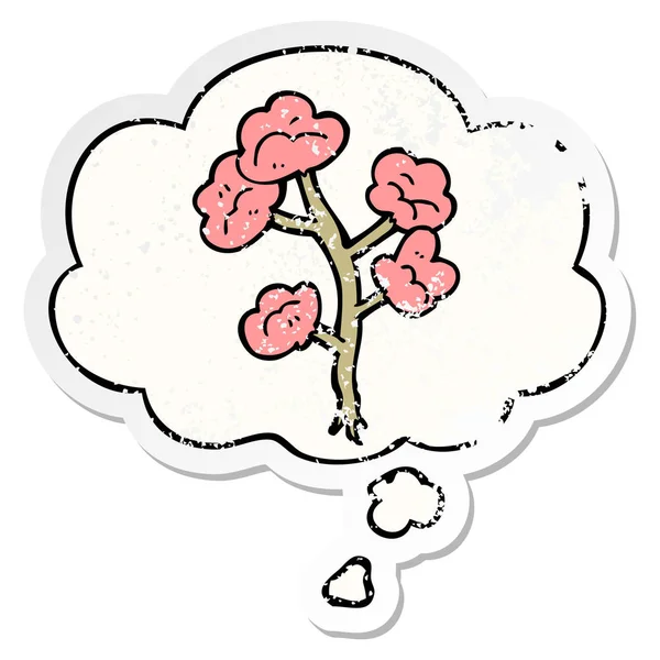 Cartoon bloemen en gedachte Bubble als een verdrietig versleten sticker — Stockvector