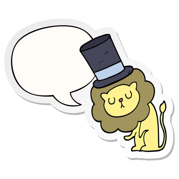 Leão bonito dos desenhos animados usando chapéu superior e adesivo de bolha de fala —  Vetores de Stock