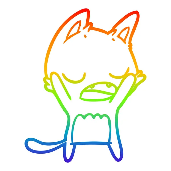 Rainbow gradient line drawing cartoon yawning cat — Stock Vector