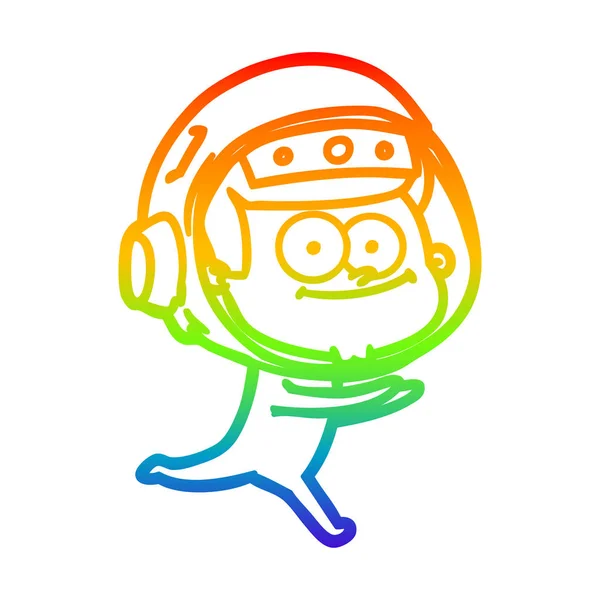 虹のグラデーションラインは幸せな宇宙飛行士の漫画を描く — ストックベクタ