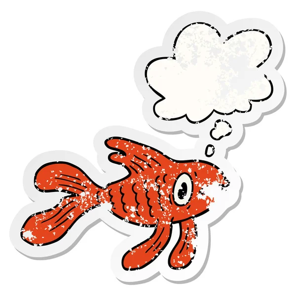 Cartoon vis en dacht Bubble als een verdrietig versleten sticker — Stockvector