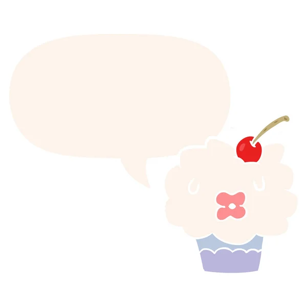 Funny cartoon cupcake and speech bubble in retro style — Stock Vector