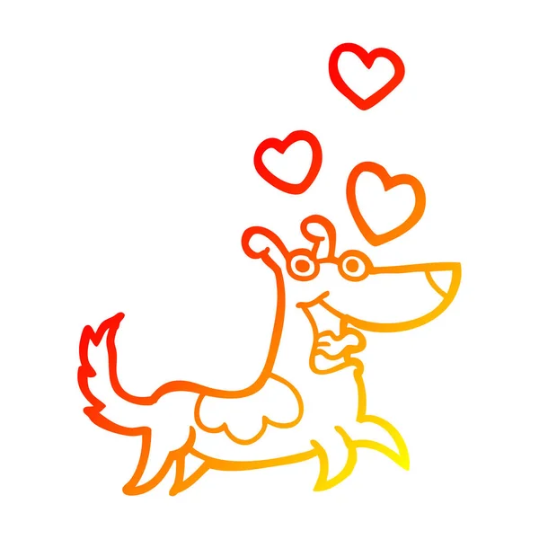 Línea de gradiente caliente dibujo de dibujos animados perro con corazones de amor — Vector de stock