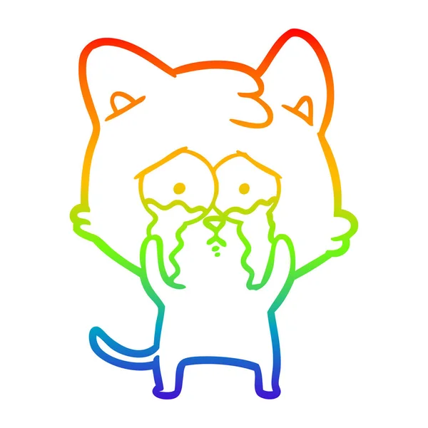 Rainbow gradient line drawing cartoon crying cat — Stock Vector